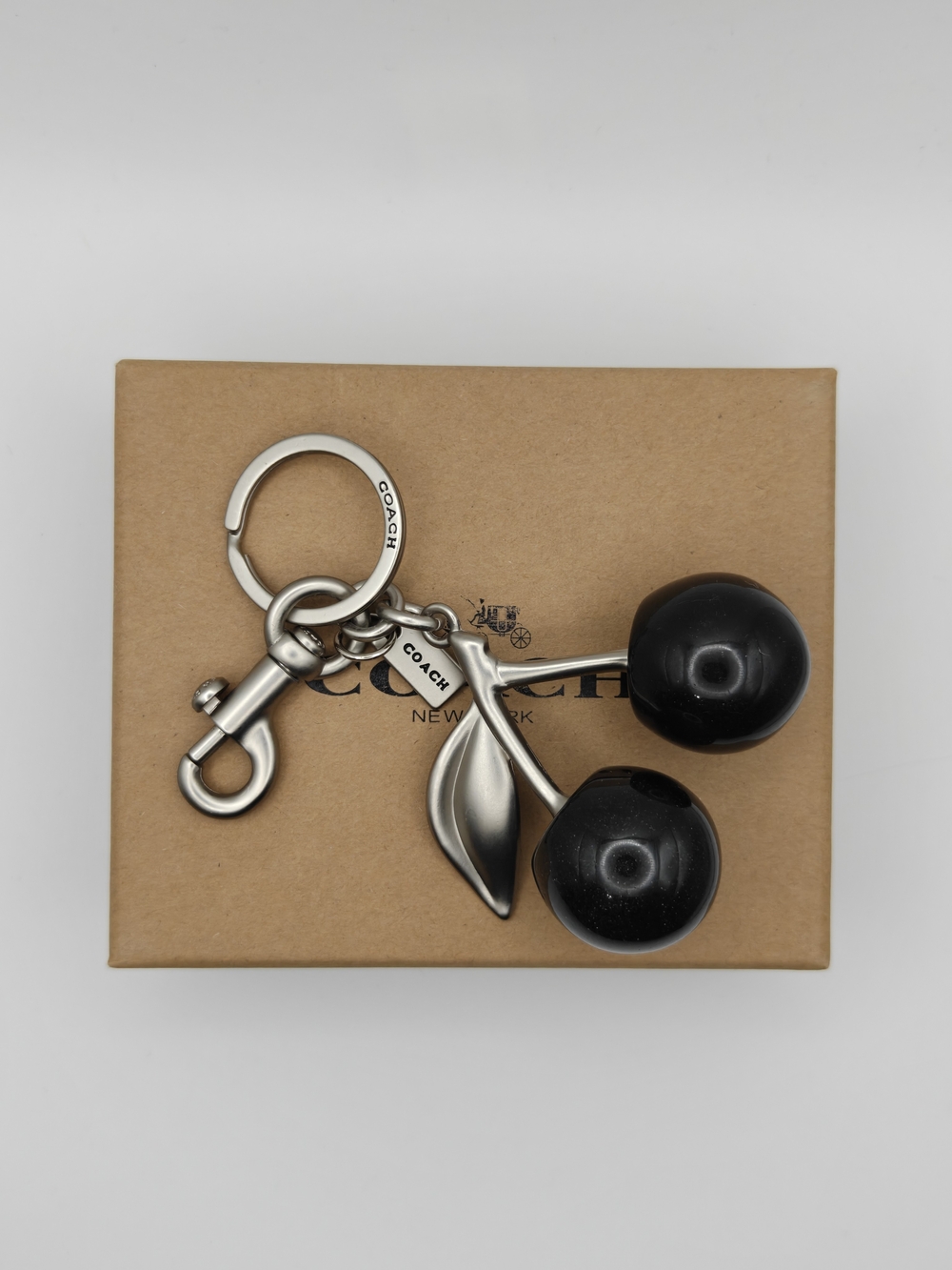 Coach Silver Cherry Keychain with Black Enamel Cherries